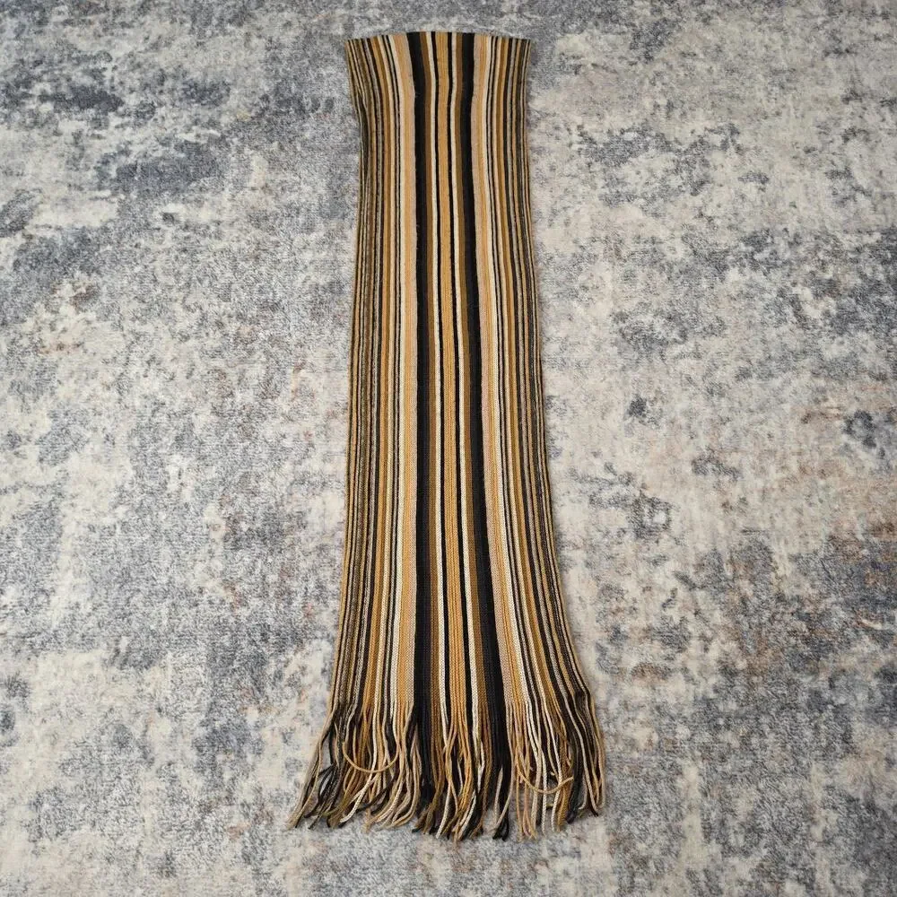 Lambswool Scarf Mens One Size Brown Striped Knit Fringe Winter Made In Italy